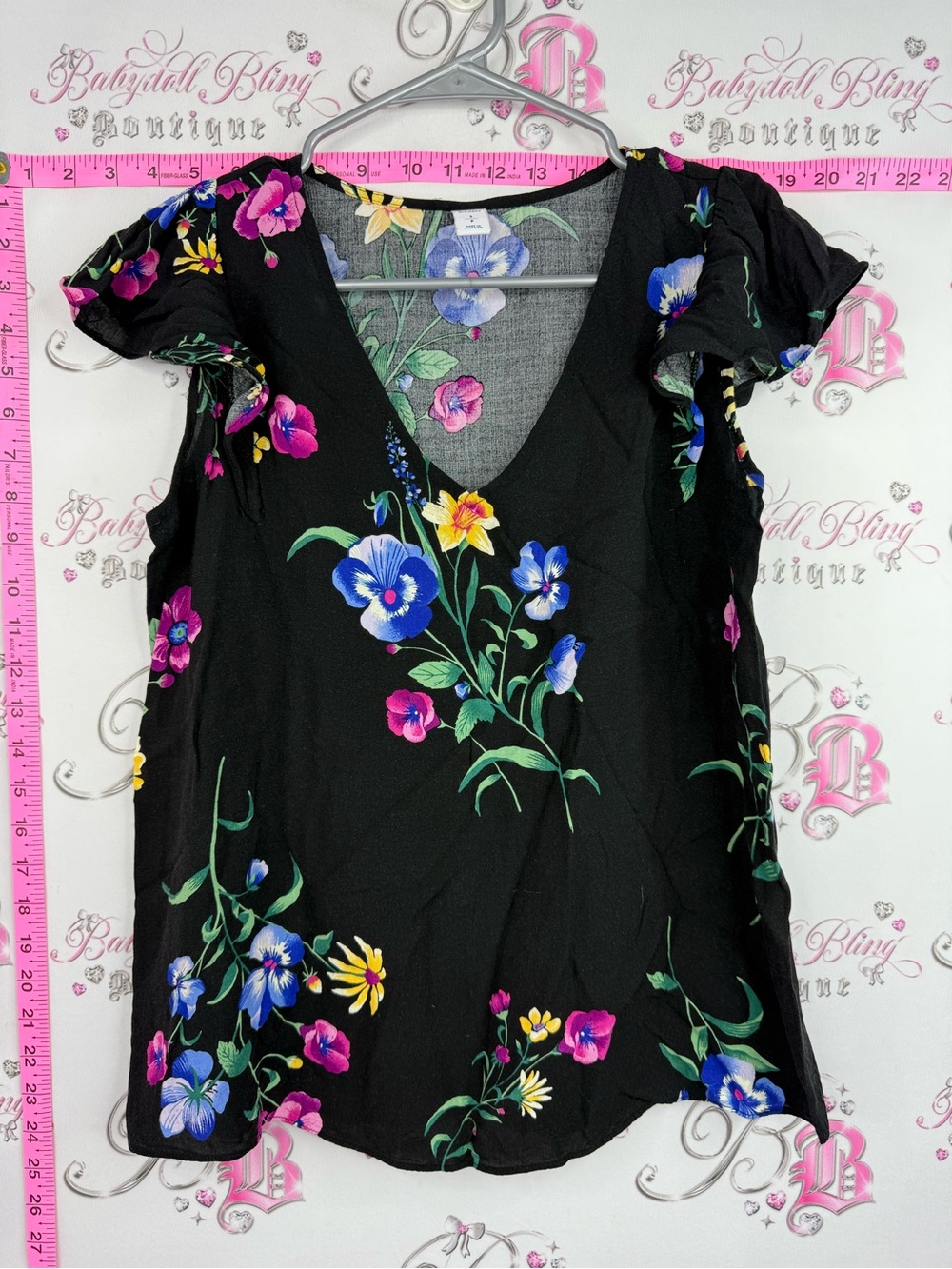 Old Navy vibrant Black V-Neck Floral Blouse with Pink, Blue & Yellow Blooms